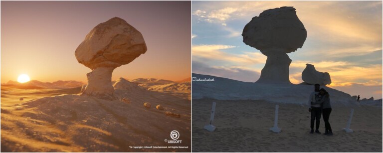 assassin creed origins white desert location of mushroom and chicken compared with real location in farafra white desert egypt