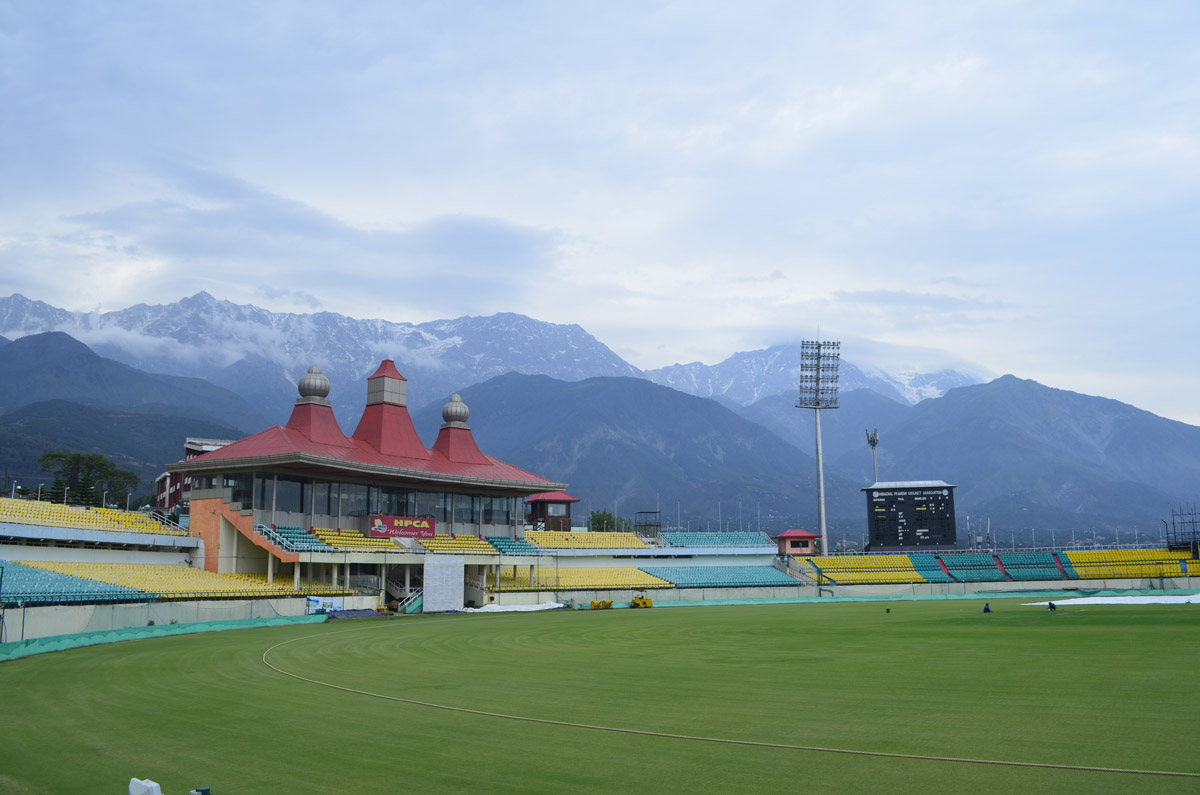 Cricket ground at Dharmashaala in India with Himalayas in the background