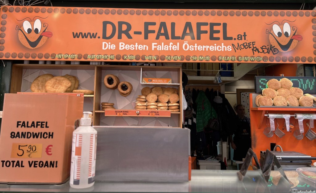 Dr Falafel shop with vegan food advertisement in Vienna