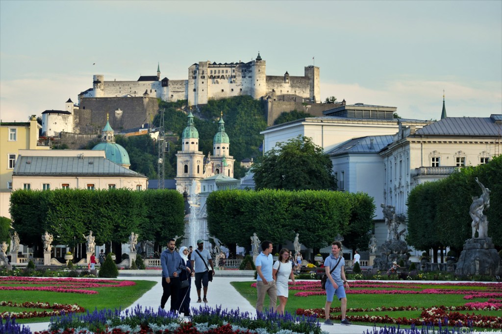View of Salzburg castle on hilltop from Mirabel garden