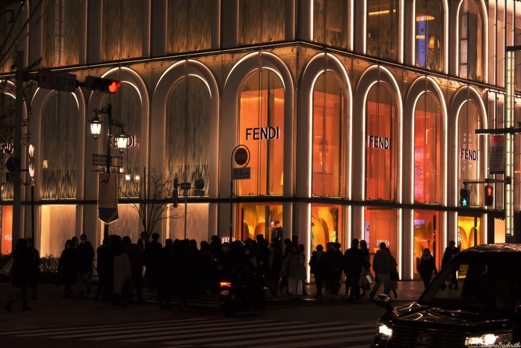 Fendi brand showroom with glittering lights at Ginza Tokyo