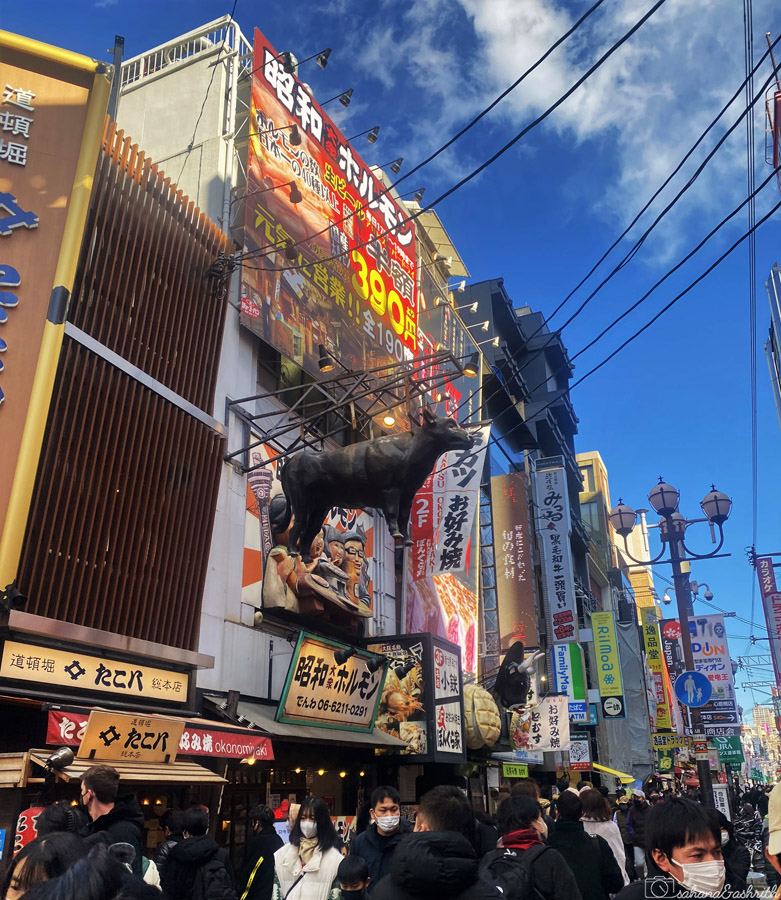 busy street of Osaka with restuarnts and a huge real life size cow statue hung in the display depicting food fact about japan
