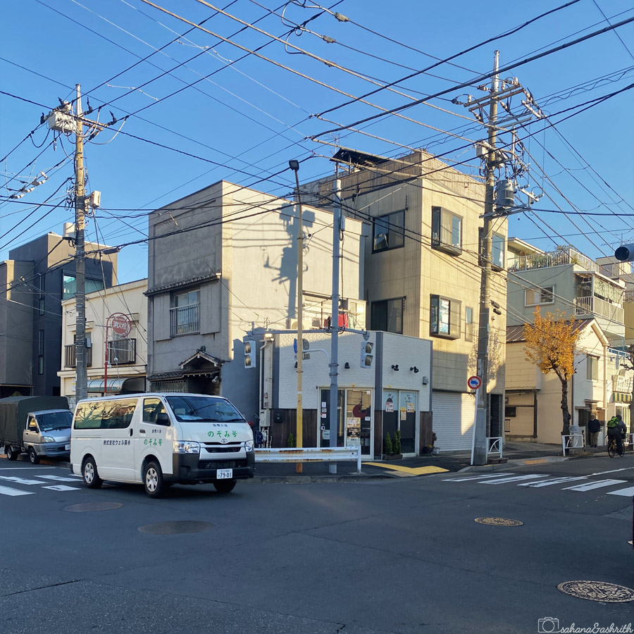 tokyo travel guide showing an old neighbourhood with individual houses and electric poles at Osiagae in tokyo