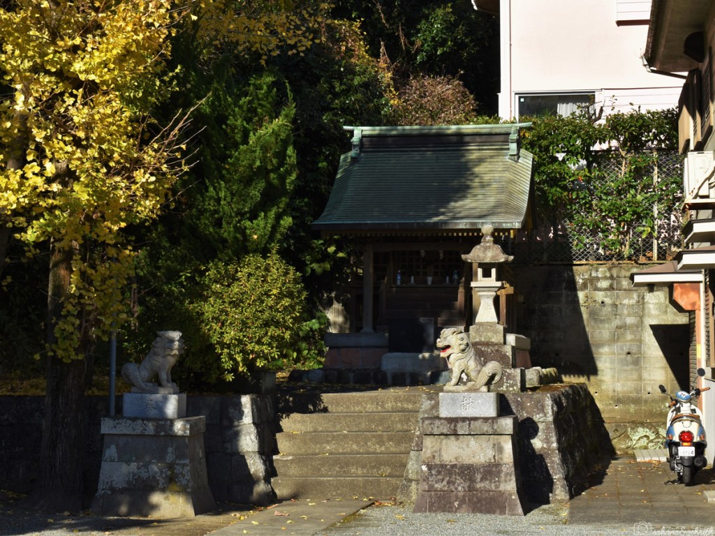 small buddhist shrine surrounded by green forest with two lion figurines at the entrance at Kamakura on a sunny day during day trip from tokyo