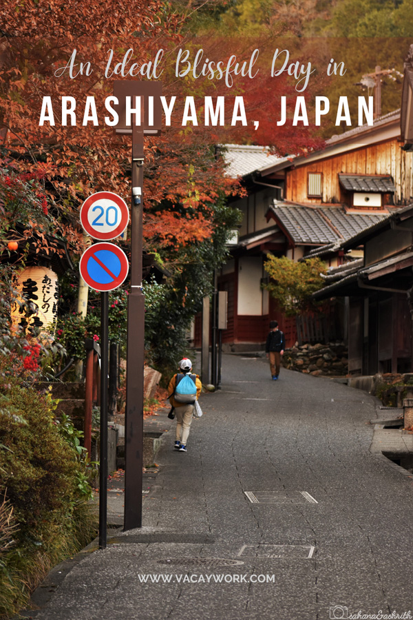 pinterest image with a photo of school going boy carrying a bag walking in the old streets of Arashiyama on a day trip
