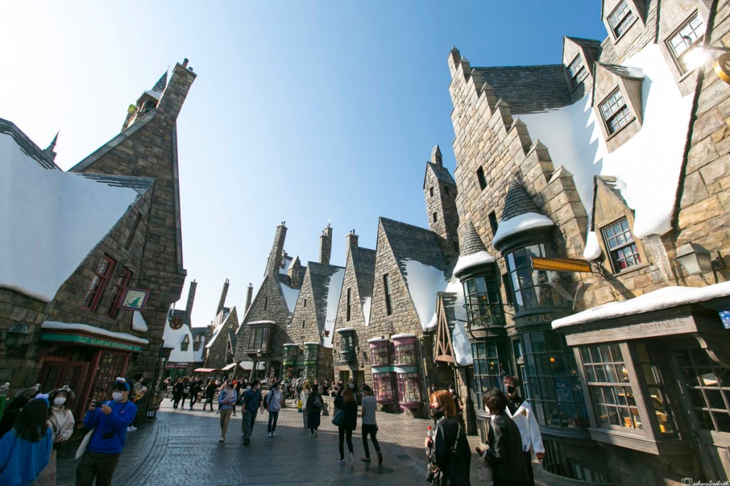 street of harry potter world with steep sloped roof stone buildings at Universal Stduios Japan