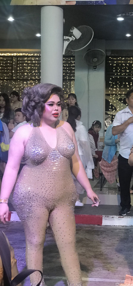 plus size lady boy in sheer body glittery outfit