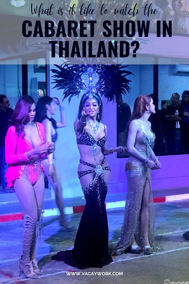 ladyboy in black pearl studded bralet and revealing gown at cabaret show in Phuket thailand
