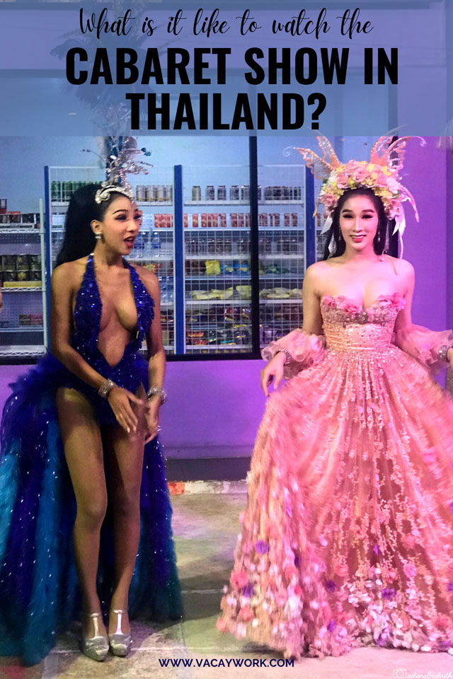 two lady boys in revealing extravagant gowns with crazy headdresses at cabaret show in phuket, thailand