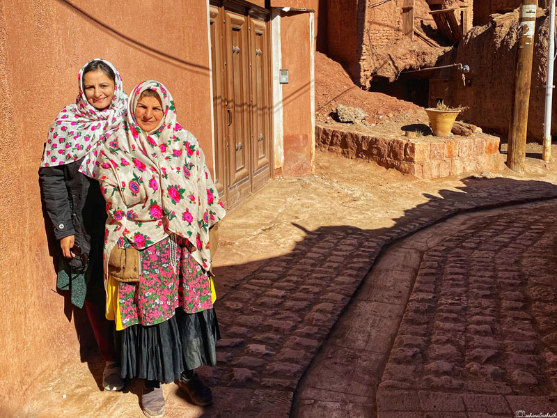 sahana in hijab with a local woman from abyaneh in iran