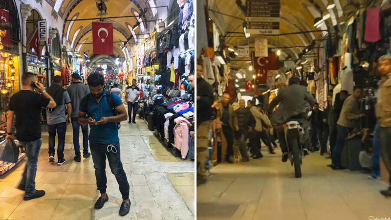 Skyfall filming locations in Istanbul showing James bond riding a bike through the busy alleys og Grand Bazar and Ashrith standing at the same place