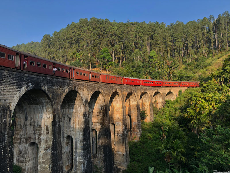 red train moving on nine arch bridge in ella surrounded by tea estates