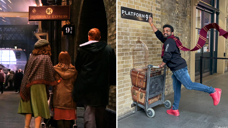 Harry Potter filming locations in London Kings cross station showing 93/4 platform