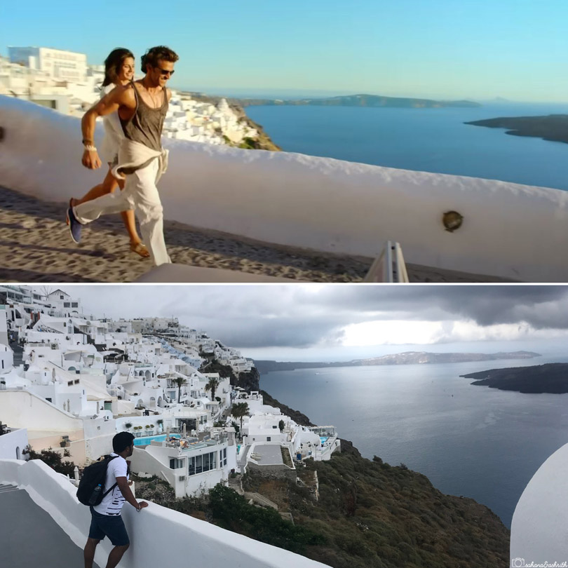 Side-by-side collage of Hrithik Roshan and Katrina Kaif running through cobblestone streets in Santorini during Meherbaan Hua, and Vacaywork author Ashrith overlooking the same cliffside view in Greece