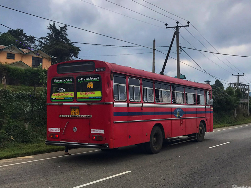 Red SLTC bus on a road in Nuwara Eliya, Sri Lanka