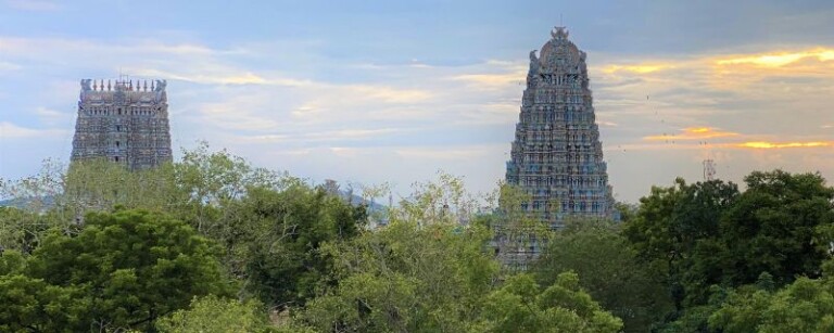 two tall beautifully carved madurai gopuram seen from above