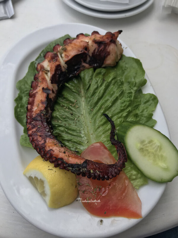 fried octopus tentacles with slice of cucumber, tomato and lemon on a plate for lunch in santorini in greece
