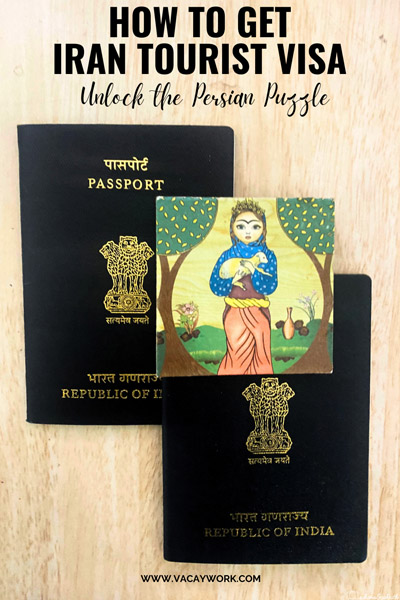 Two Indian passports placed side by side with magnet sticker featuring an iran nomad girl carrying a lamb