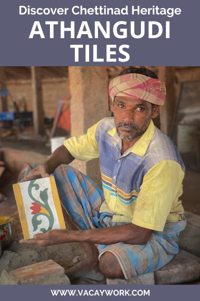 Pinnable image showing a local artist holding athangudi tiles with floral design