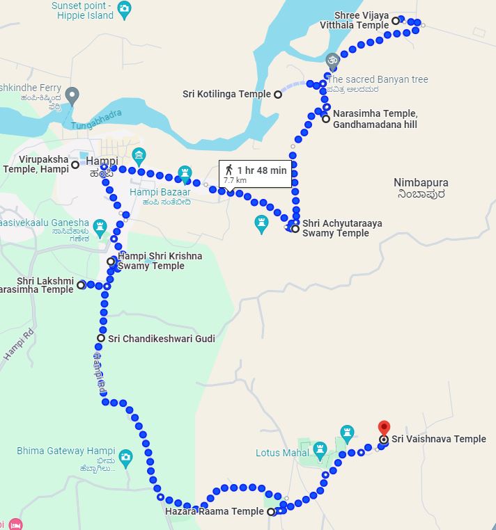 map showing ten beautiful temples of hampi