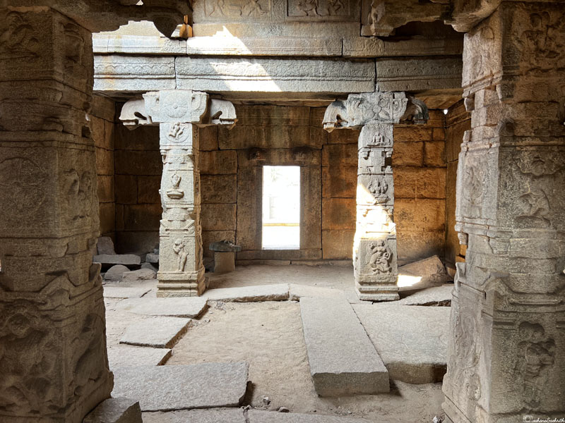 light falling on the ruin columns of Vaishnava temple sculpturous column with roof above open