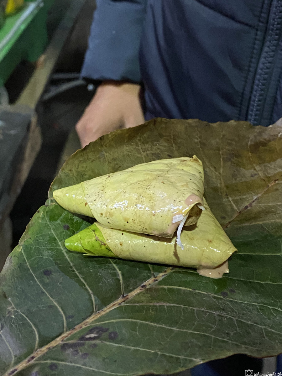A serving of paan wrapped in betel leaves in Varanasi.