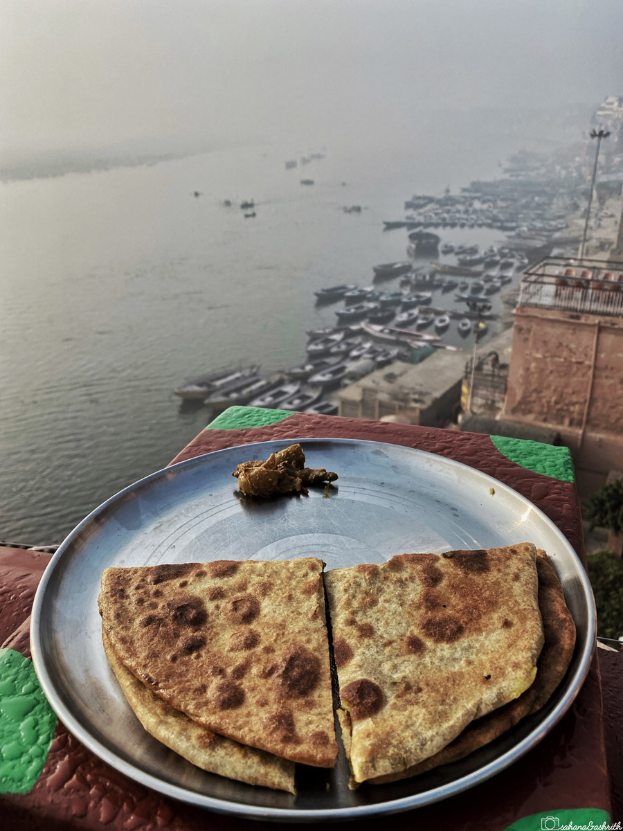 A paratha with pickle overlooking the Ganges in Varanasi.
