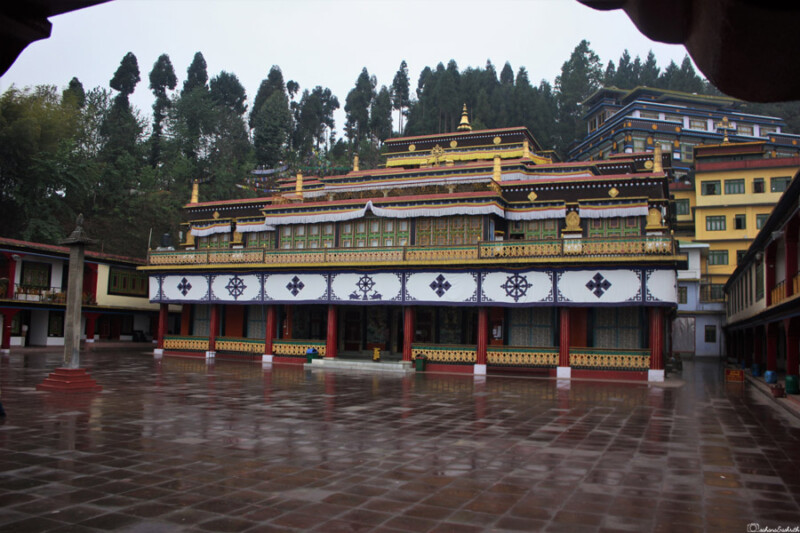 A large, ornate Rumtek monastery with intricate decorations, set against a backdrop of tall trees on a rainy day