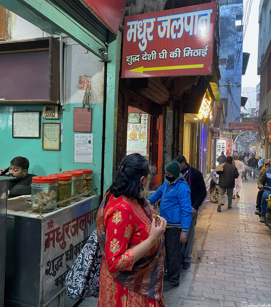 The entrance to Madhur Jalpan, a popular sweet shop in Varanasi.