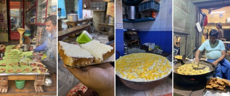 A collage showcasing a variety of street food in Varanasi, featuring a vendor with a spread of savoury items, bread with cream, a large bowl of dessert, and freshly fried snacks