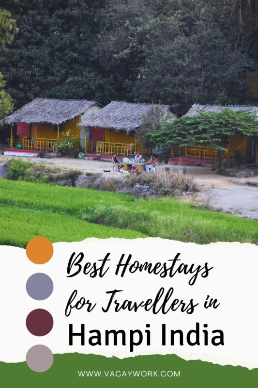 Rustic homestays surrounded by lush greenery with text on it that says best homestays for travellers in Hampi India