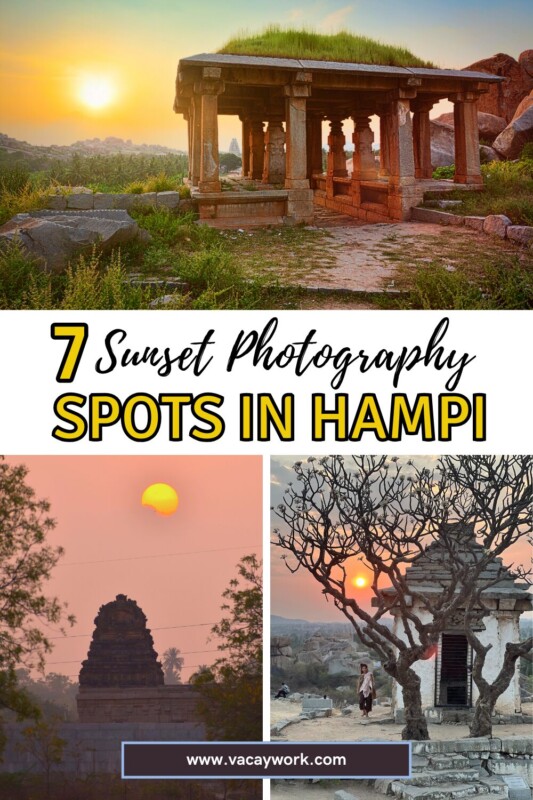 Collage of sunset spots in Hampi, including a temple and tree with text overlay that says 7 Sunset Photography Spots in Hampi