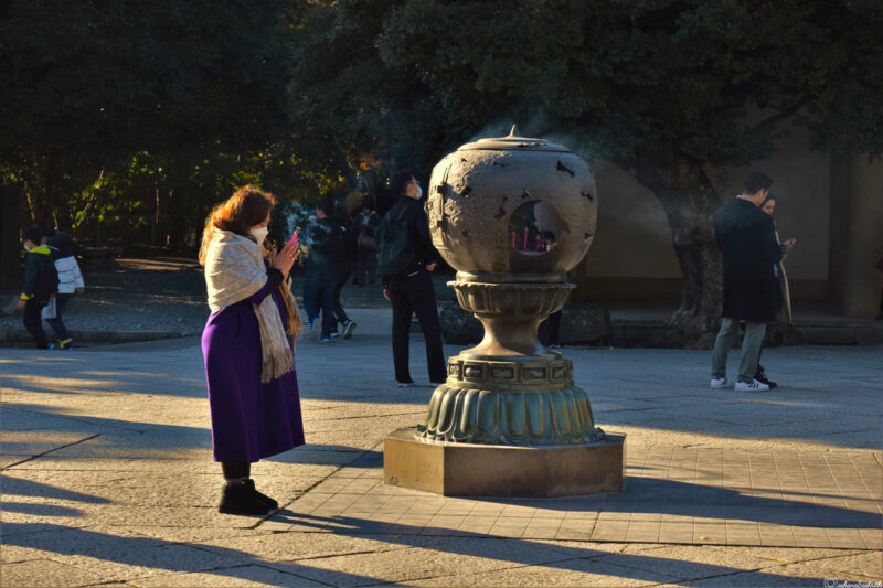 A woman in a purple coat praying near a large incense burner at a Japanese temple, with people and trees in the background.