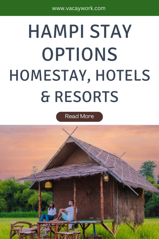 thatch roof hut with two people sitting outside, surrounded by greenery, with text on it that says Hampi stay options homestay, hotels & resorts.
