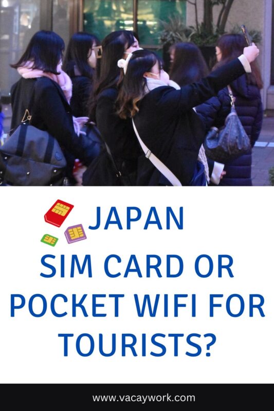 A group of tourists taking a selfie on a street in Japan, deciding between a SIM card and pocket Wi-Fi; text overlay: Japan SIM Card or Pocket WiFi for Tourists?