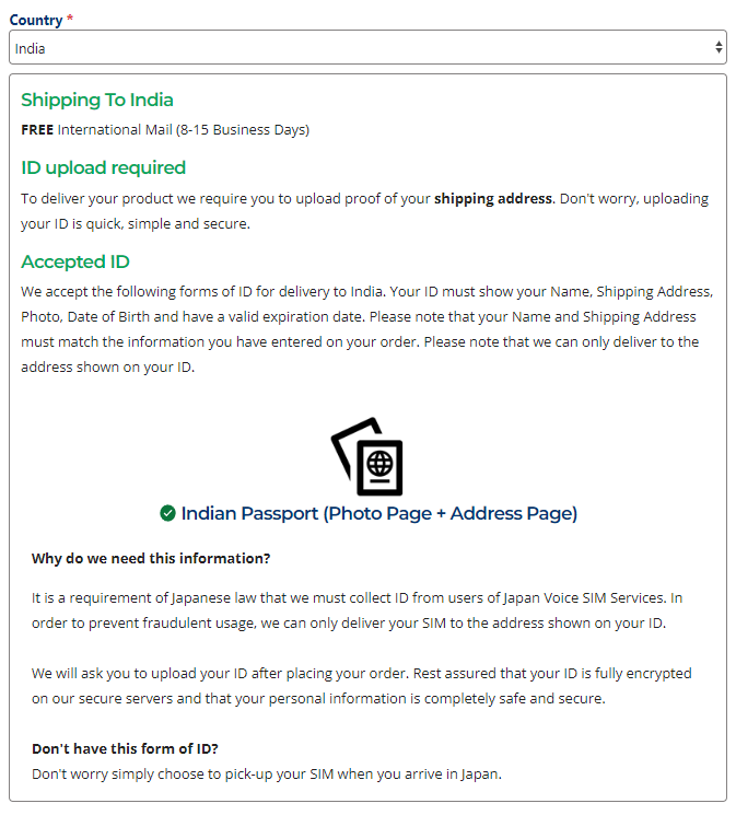 nstructions and requirements for shipping a SIM card to India, including ID verification details.