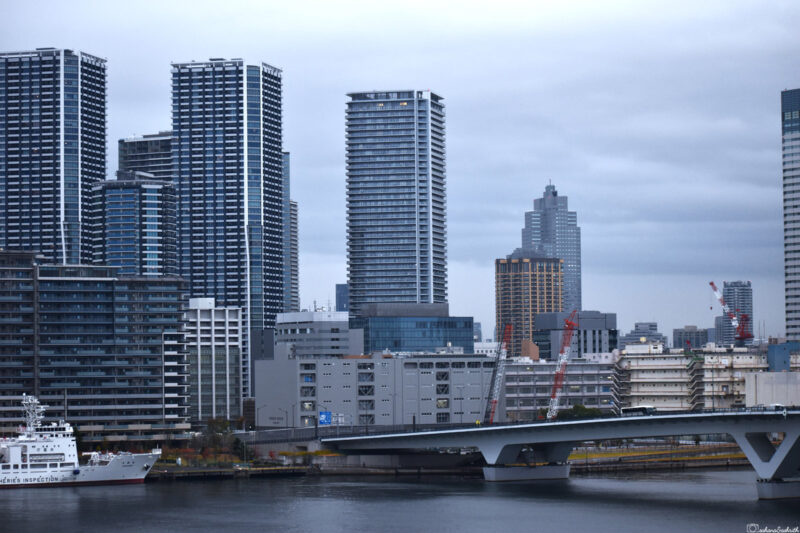 Tokyo waterfront skyline with modern skyscrapers, cranes, and a bridge over a river under a cloudy sky.