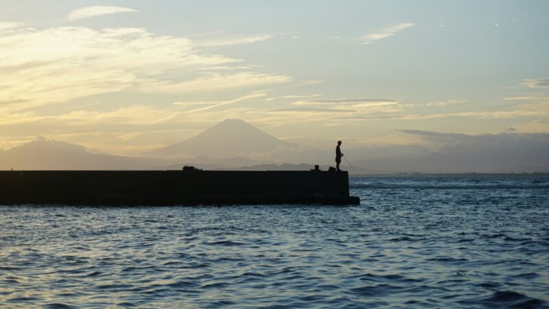 Silhouette of a lone fisherman on Kamakura's coast, with Mount Fuji in the background.