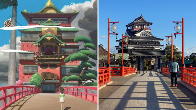 Collage of two images, Spirited Away bathhouse with red bridge and Kiyosu Castle in Japan featuring a similar red bridge and traditional design