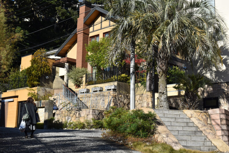 Quaint Kamakura hillside house with palm trees, combining coastal charm and unique architecture.