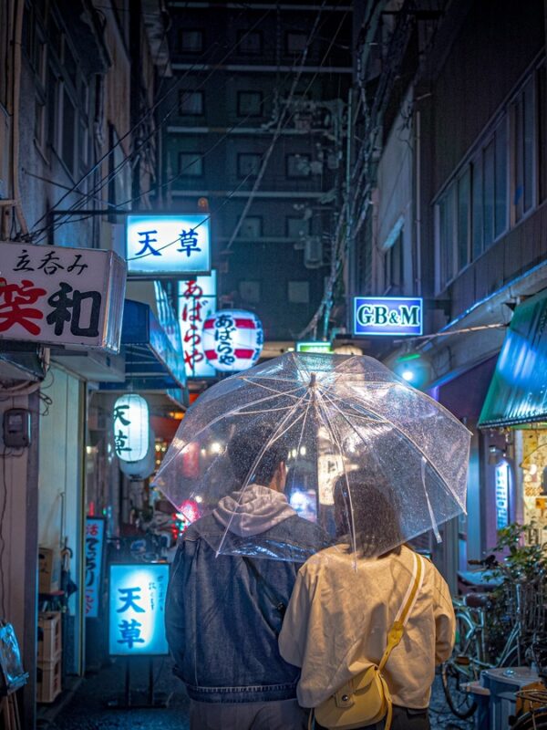 a couple sharing an umbrella in a narrow alley in Osaka, surrounded by glowing neon signs on a rainy night