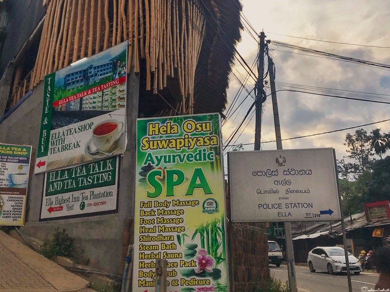 Signboard in Ella displaying 'Spa' in Sinhala and English