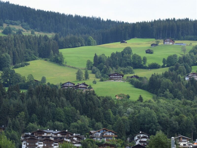 Rolling green hills with wooden chalets near dense forests in the Austrian countryside in Tirol