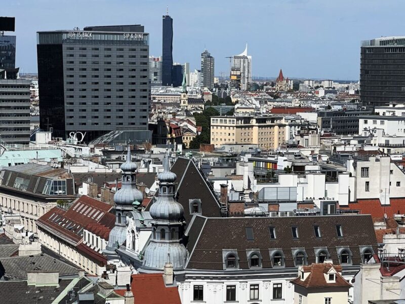A panoramic view of Vienna's rooftops, with modern skyscrapers in the background and historic buildings in the foreground, highlighting the city's urban landscape.