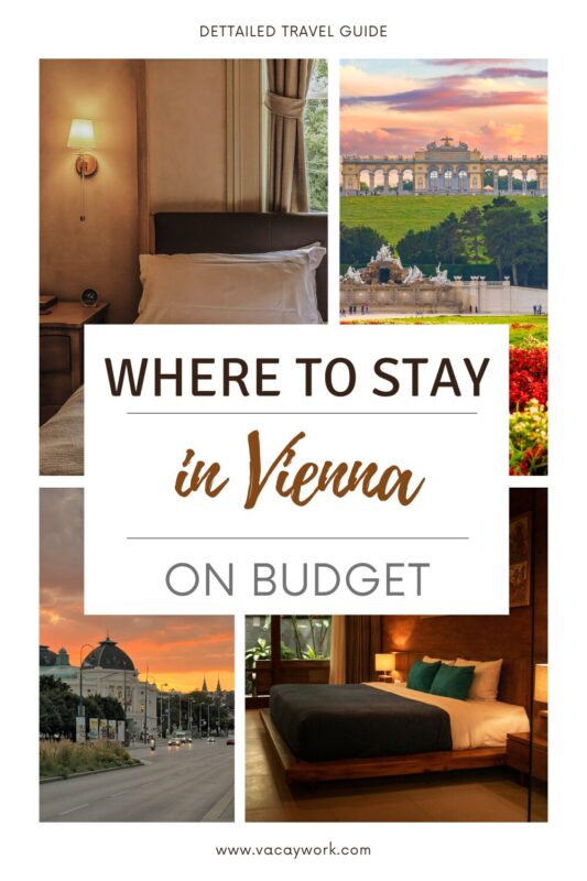 collage featuring a hotel room with comfortable bedding, Schönbrunn Palace in the background, and a sunset view of Vienna streets, with a text overlay saying “Where to Stay in Vienna on Budget.”