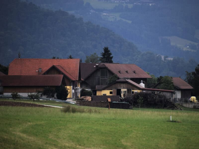 Cluster of rustic farmhouses with red and brown roofs in the countryside near maria plain