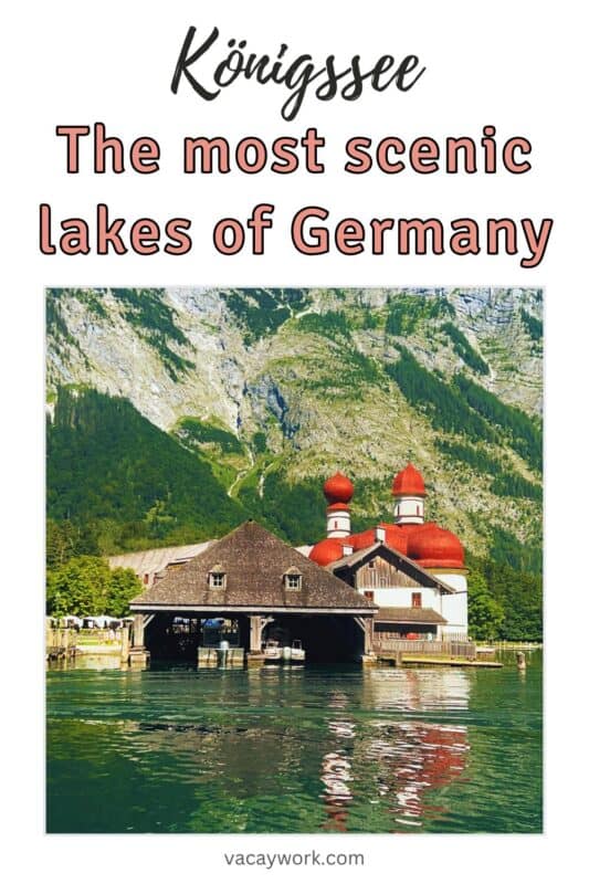 Red-domed church of St Bartholomä with surrounding alpine cliffs and reflections in clear green water at Lake Königssee, with text overlay that says Königssee – the most scenic lakes of Germany