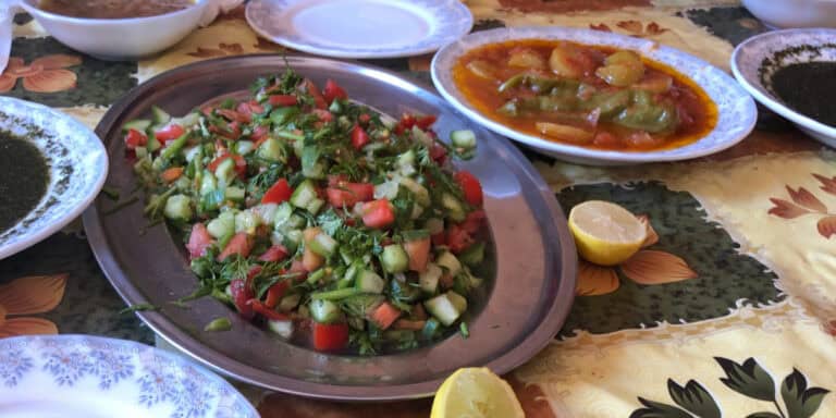 vegetable salad in a plate, egyptian curry in a bowl on table with mat and a piece of lemon beside them