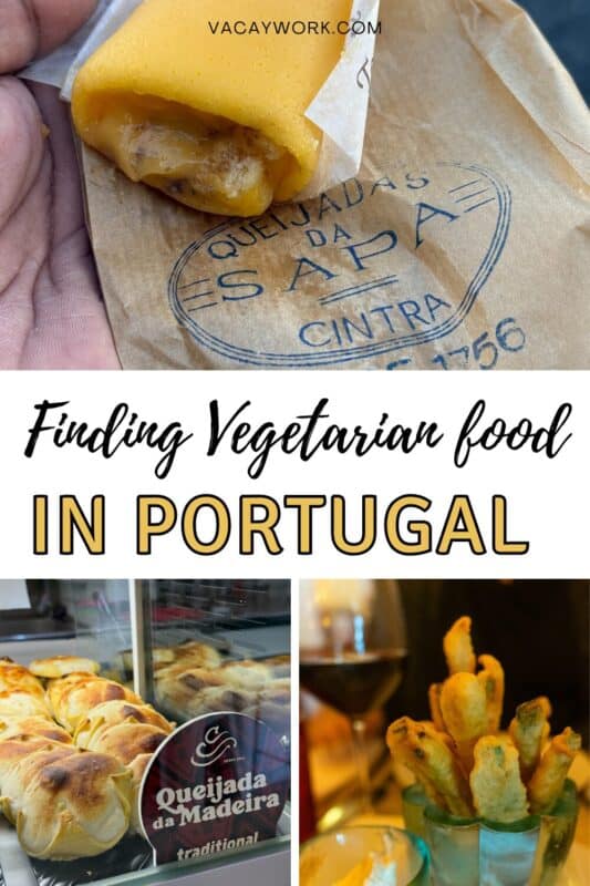 Hand holding a warm cheese pastry wrapped in paper at a street bakery in Portugal, with text overlay that says Finding vegetarian food in Portugal.