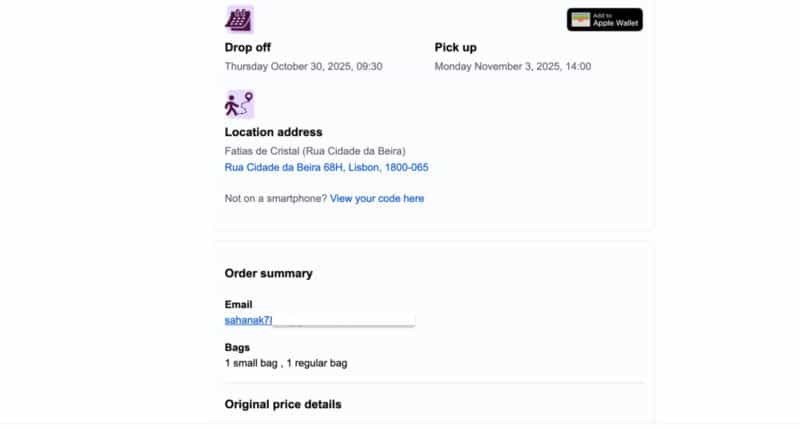 Online booking screen showing luggage storage order details and location address in Lisbon